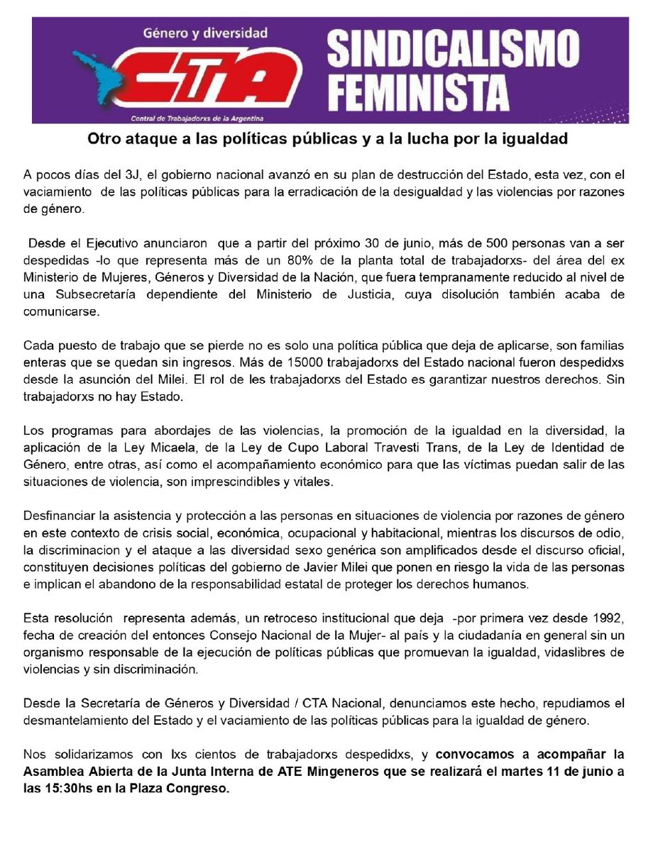 GeneroCTA's tweet image. ‼️Otro ataque a las políticas públicas y a la lucha por la igualdad

📢Convocamos a acompañar la asamblea abierta de la junta interna de @atemingenerosAR 

👉🏼Martes 11/6
⏰15.30 hs
📍Plaza Congreso