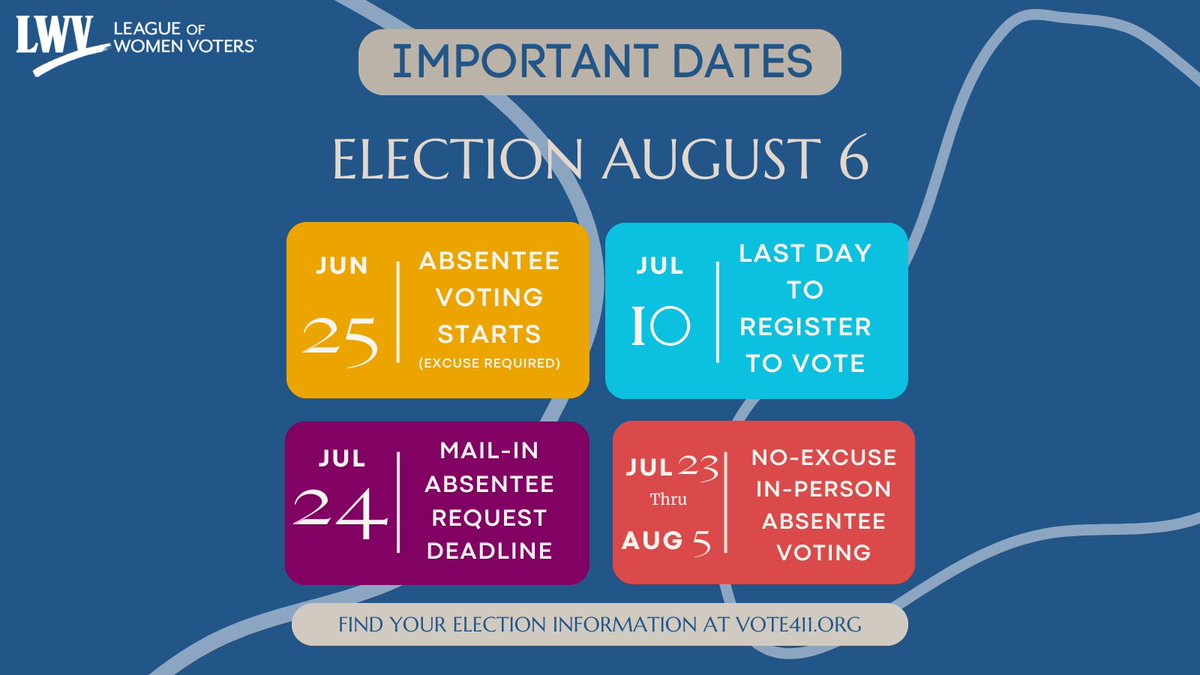 LWVSTL's tweet photo. The August 2024 primaries are almost upon us.  (You can vote by absentee starting in just 15 days!)

#Election2024 #Augustprimaries https://t.co/KmNqRgqRGI