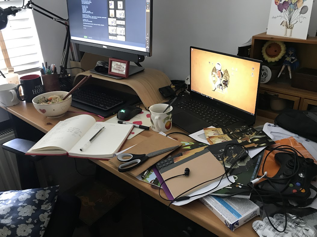 GuoBetty's tweet image. Okay guys, brace yourself... 
Here&apos;s my work space. Ideal🩷 vs Reality💀#IndieDevWorkspaceChallenge