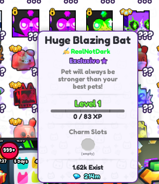 Thanks for 200 followers🎉🥳 to celebrate here is a giveaway for a new Huge Blazing Bat signed by me in pet simulator 99! to enter you need to:

like + comment your roblox user
and retweet if you want to ;)