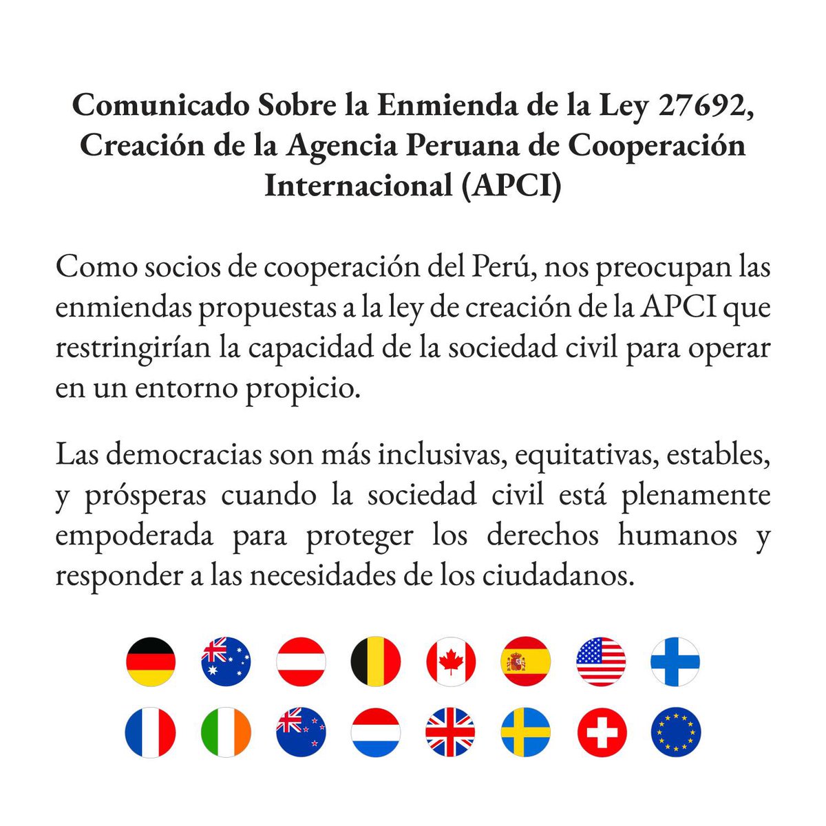 #LOÚLTIMO | Dieciséis embajadas y delegaciones internacionales —entre ellas de la Unión Europea, Alemania, Reino Unido, España y Estado Unidos— emiten pronunciamiento conjunto preocupados por la Ley Anti ONG que quiere imponer el Congreso.