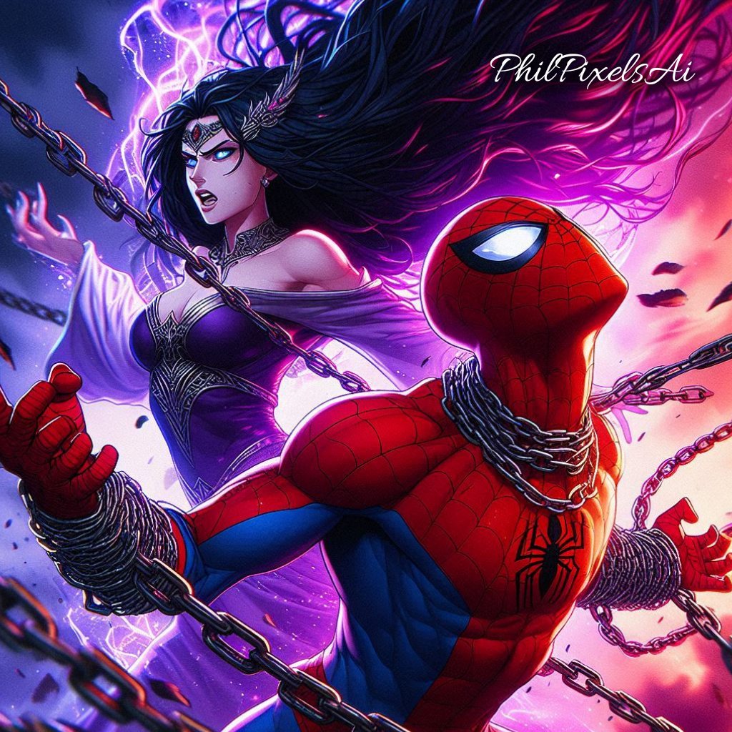 PhilPixels81672's tweet photo. "Spidey in Chains"
---
#SpiderMan #MorganLeFey #90sAnimeStyle #MarkoDjurdjevic #ArtStation #CinematicArt #FullBodyShot https://t.co/7JQr9HGZJv