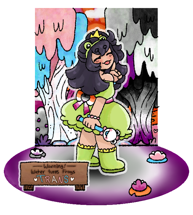 TheRabbitQueenT's tweet photo. Frog stage #commissions are open~! 

90 dollars for background with custom pride coloring based on you - and frog themed outfit

60 dollars for just your character in a unique frog  pride outfit in front of a - Warning! Water turns the frogs (Blank) sign

The sign can be anything https://t.co/MYnILcB3Ec