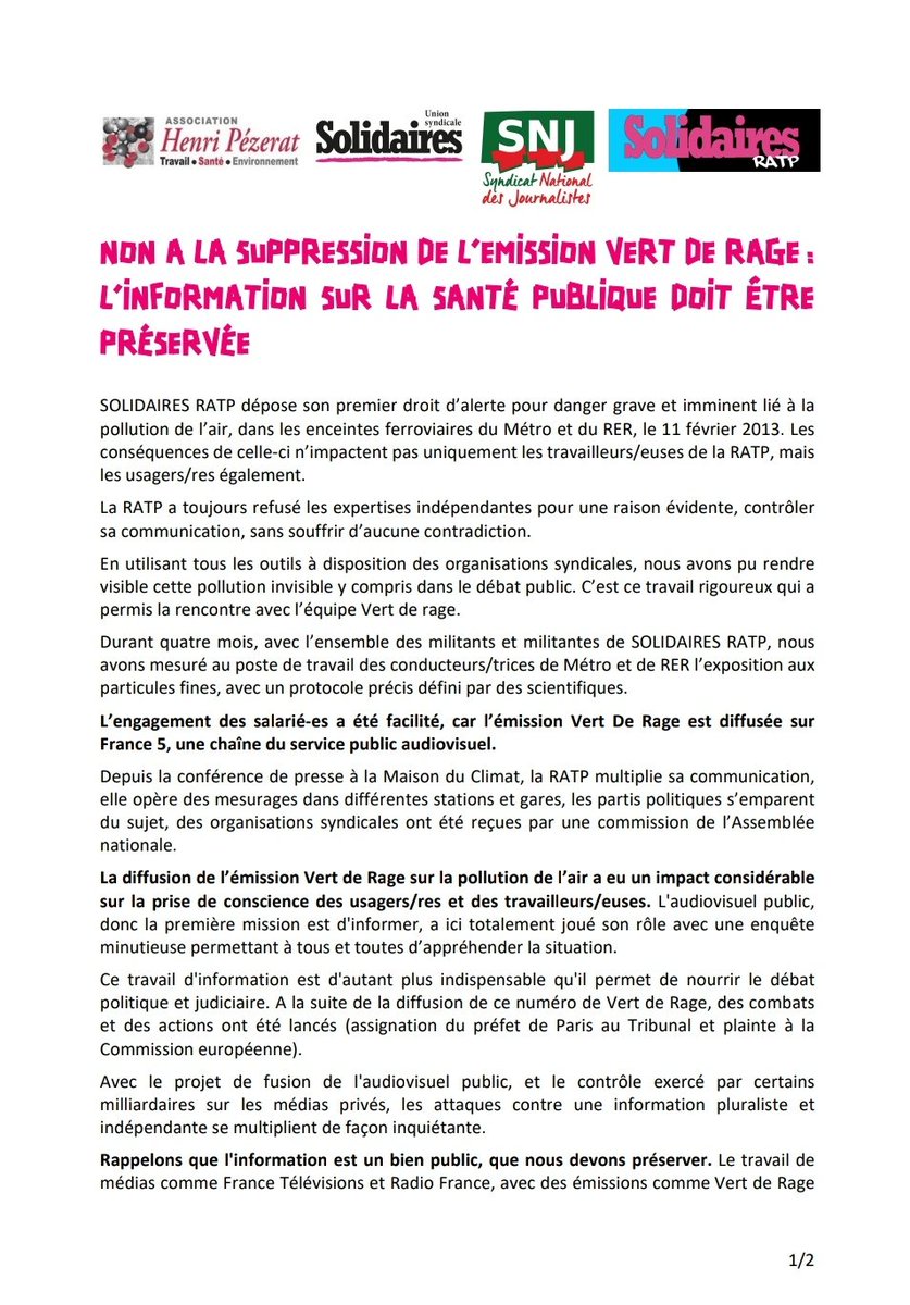 SolidairesRatp's tweet image. Non à la suppression de #Emission @vert_de_rage_F5, l'information sur la #SantePublique doit être préservée ! #ServicePublic #FranceTv
