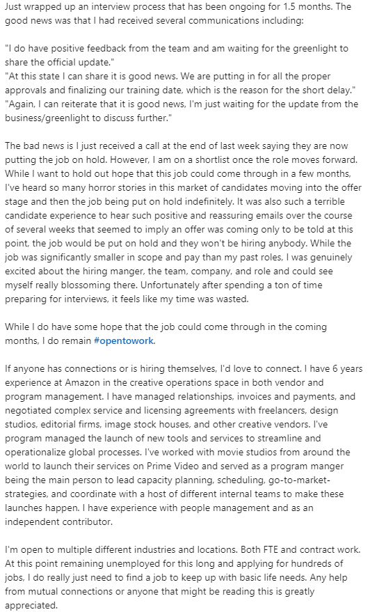 Normally I just use this account for content creation, but I have been fighting hard to get a new job. Here is an update I just shared on LinkedIn today if anyone has leads. 

In the meantime, support my content journey means a ton &amp; you can always continue to support on kofi🔗🔽