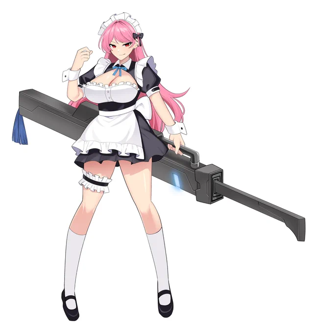 出来たよ。粗暴な態度で高級メイド喫茶で働くピンク髪赤目メイド服巨乳ガーターフリル糸使いハイテク馬鹿デカ刀持ち怪殺師お姉さんが。 