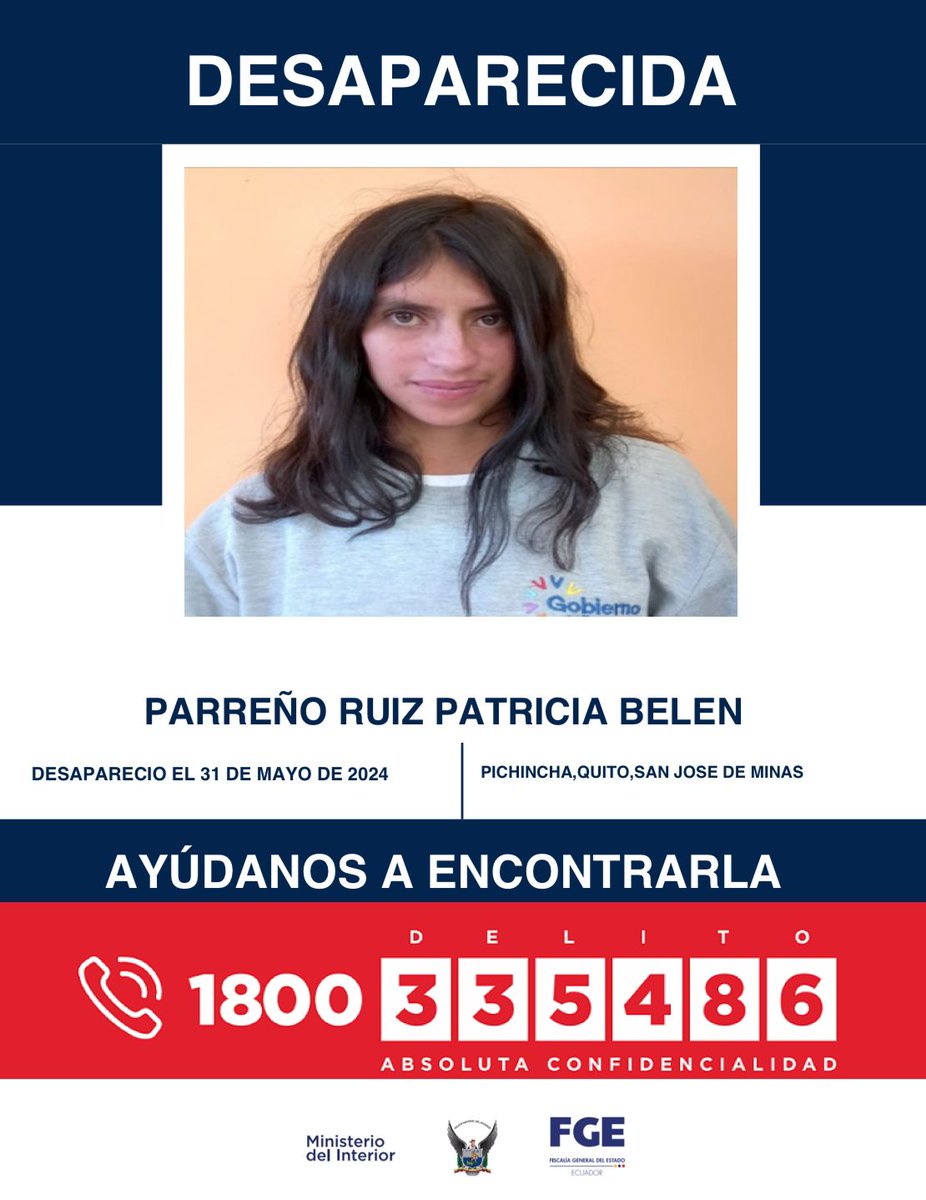 FiscaliaEcuador's tweet photo. #DesaparecidosEcuador | #Pichincha: si tienes información sobre la ubicación de Patricia Belén Parreño Ruiz, comunícate de inmediato con las autoridades. Fue vista por última vez el 31 de mayo de 2024 en San José de Minas, al norte de #Quito. https://t.co/gsWwWcrRvw