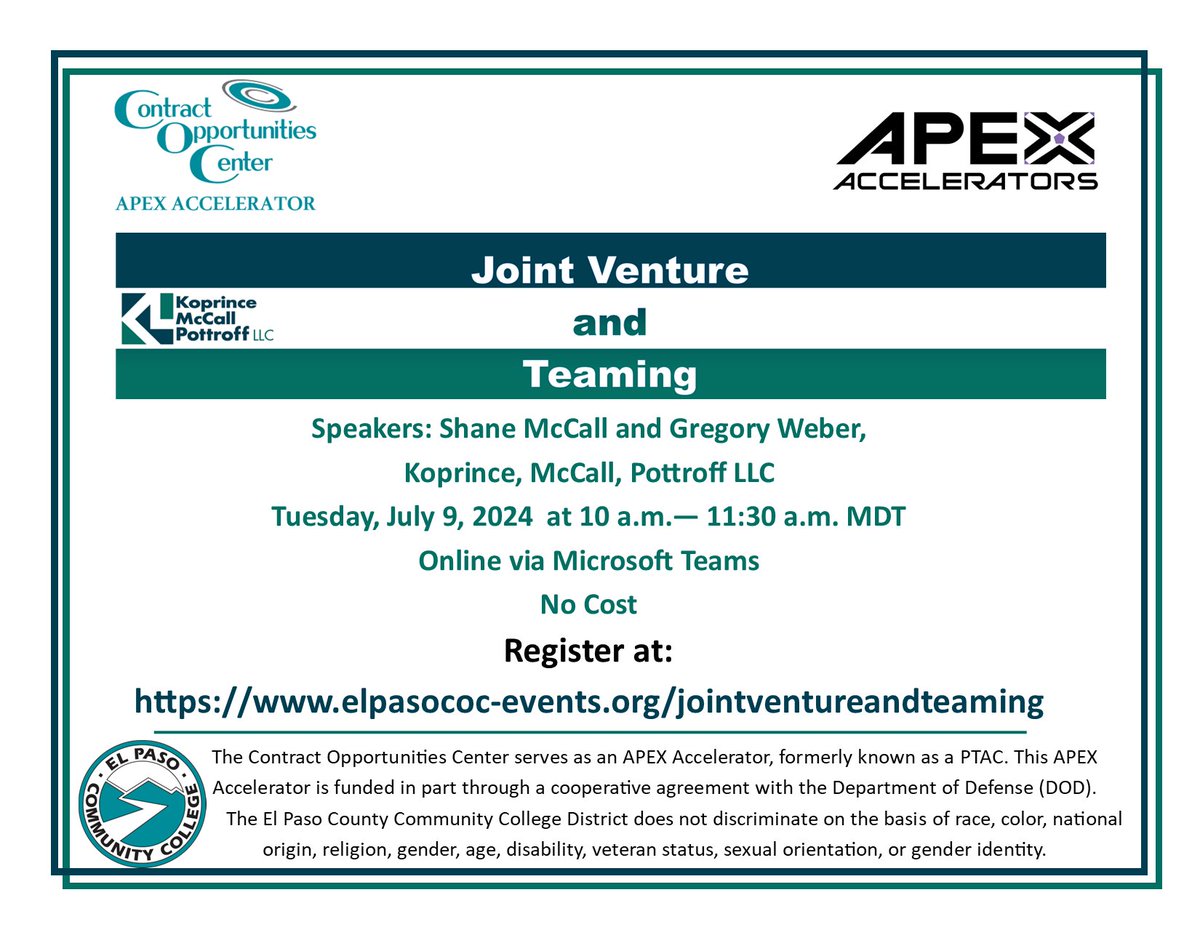 COCEPCC's tweet photo. Learn about Joint Ventures and Teaming from Koprince, McCall, Pottroff LLC on July 9, 2024 at 10 a.m. MDT on Microsoft Teams at no cost. For more information or to register, visit: https://t.co/G1C4G7KN8T https://t.co/wEewG1gsdR