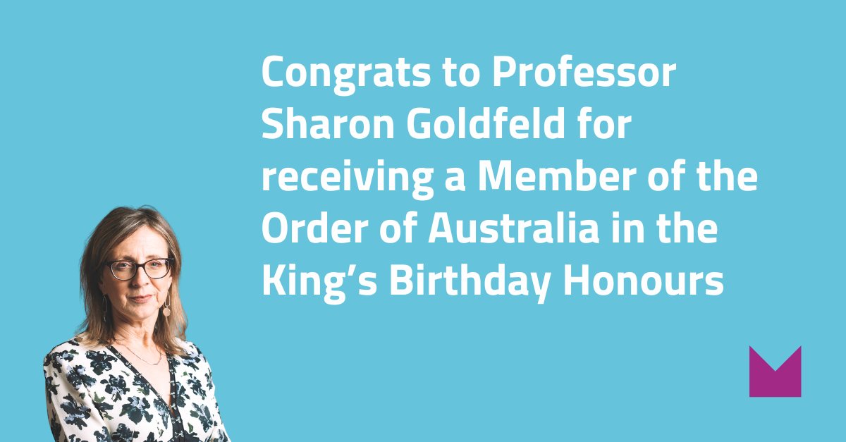 Murdoch Children's Research Institute (MCRI) (@mcri_for_kids) on Twitter photo Congrats to Prof <a href="/sharon_goldfeld/">Prof Sharon Goldfeld</a> on being appointed a Member of the Order of Australia (AM) in the King’s Birthday Honours for her significant service to #ChildrensHealth #MedicalResearch @CCCH_AU Read more: mcri.edu.au/news/awards/sh… Congrats to Prof <a href="/sharon_goldfeld/">Prof Sharon Goldfeld</a> on being appointed a Member of the Order of Australia (AM) in the King’s Birthday Honours for her significant service to #ChildrensHealth #MedicalResearch @CCCH_AU Read more: mcri.edu.au/news/awards/sh…