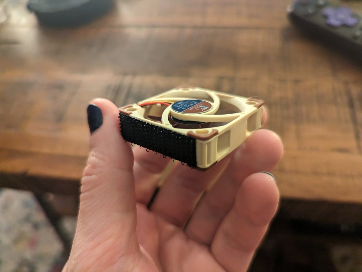 a__real__dog's tweet photo. Replacing a broken fan in prep for AC!

Testing out using Velcro for mounting to enable easier fan swapping + repair. Having wires or fans die at-con sucks, so hopefully this reduces that stress! https://t.co/r3oSTokhFZ
