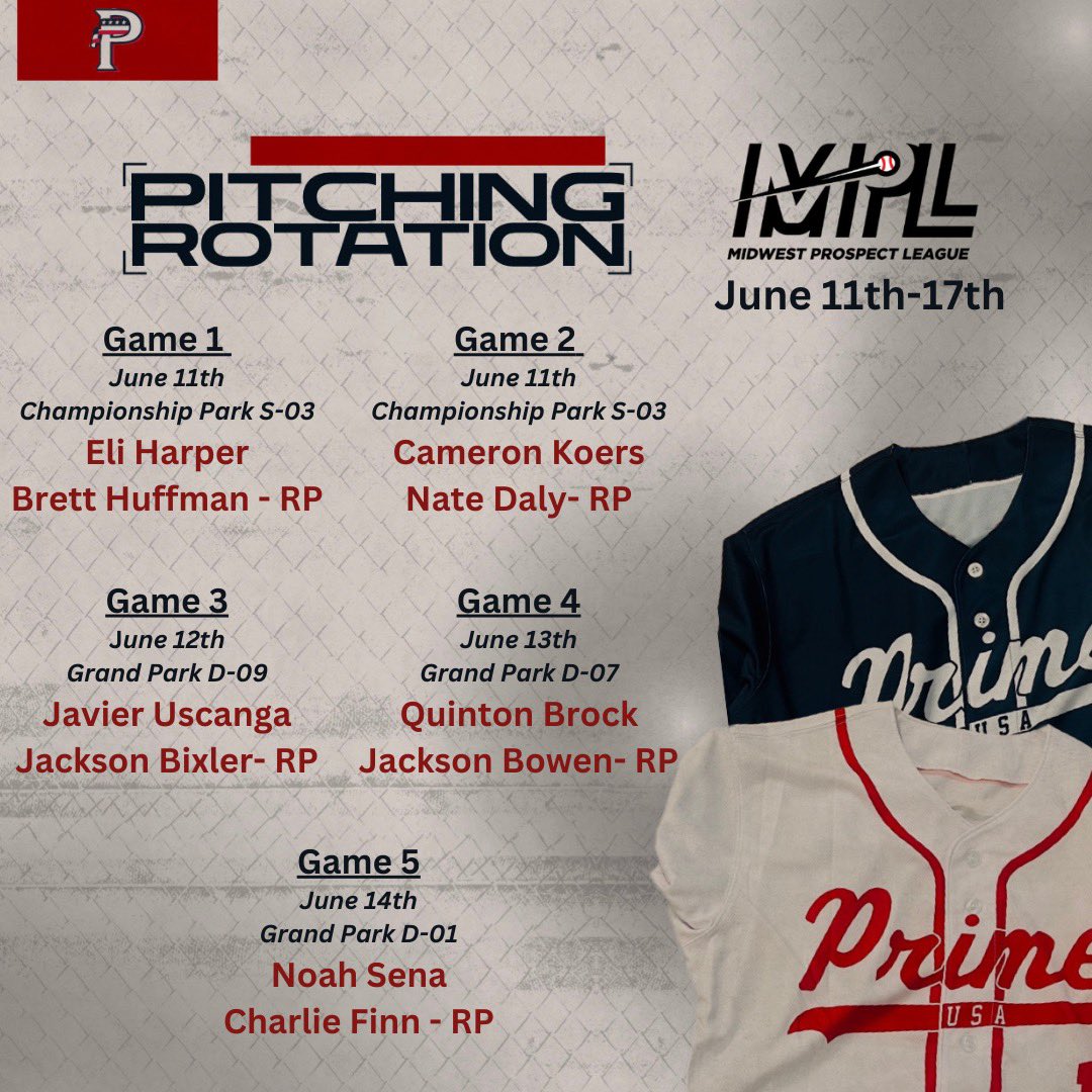USAPrimeMidwest2026 (@usaprimein2026) on Twitter photo Our pitching rotation for this week’s Midwest Prospect League Games. <a href="/PrimeIndiana/">USA Prime Indiana</a> <a href="/USAPrimeMidwest/">USA Prime Midwest '27</a> <a href="/Bullpenevents/">Bullpen Tournaments</a> Our pitching rotation for this week’s Midwest Prospect League Games. <a href="/PrimeIndiana/">USA Prime Indiana</a> <a href="/USAPrimeMidwest/">USA Prime Midwest '27</a> <a href="/Bullpenevents/">Bullpen Tournaments</a>