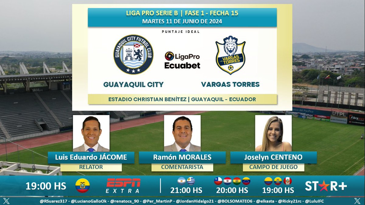 PuntajeIdealEC's tweet photo. ⚽ #LigaProEcuabet #SerieB 🇪🇨 | #GuayaquilCity vs. #VargasTorres 
🎙 Relator: @LuisEduJacome 
🎙 Comentarista: @Rmoralesverduga
⛳️ Campo de juego: @Joselyncentenob
📺 #ESPNExtra 🇪🇨
💻📱@StarPlusLA Latinoamérica
🤳 #LIGAPROxESPN - #ESPNenStarPlus
Dale RT 🔃 https://t.co/5wFwAYudhK