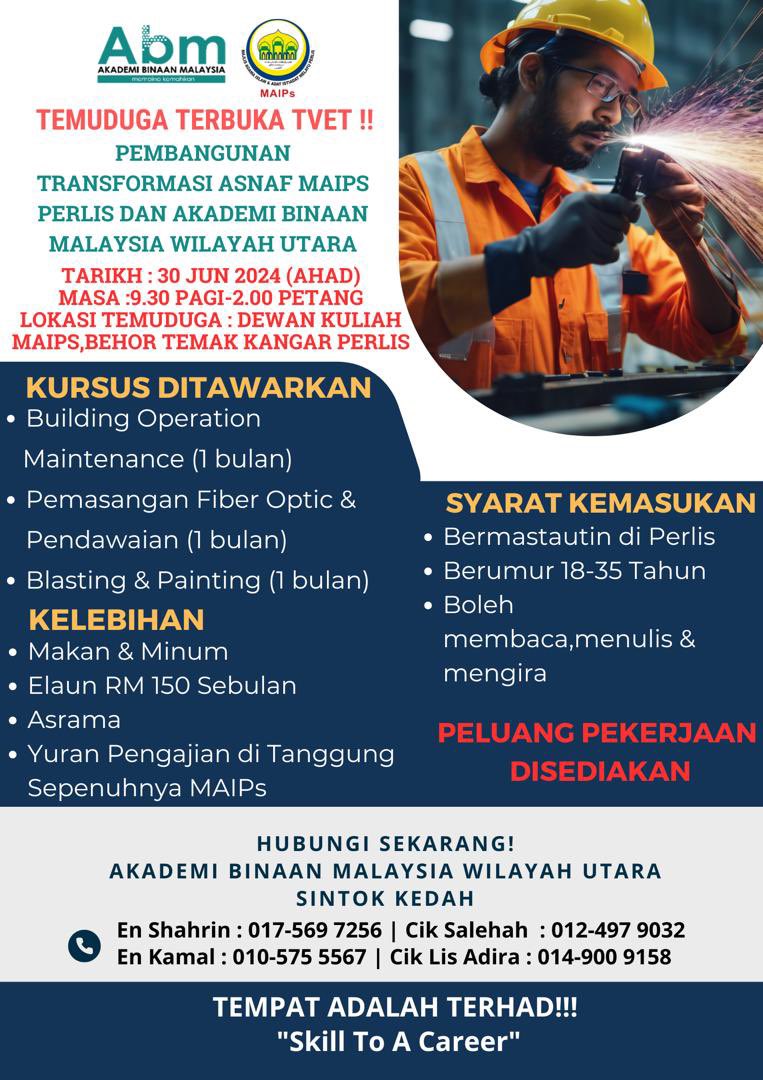 ABMUTARA's tweet photo. Jom Hadir Temuduga Terbuka di Dewan Kuliah MAIPS, Behor Temak Kangar, Perlis. 

Pada : 30 Jun 2024 (Ahad)
Masa : 9.30 Pagi - 2.00Petang https://t.co/UW8AwlXAzW