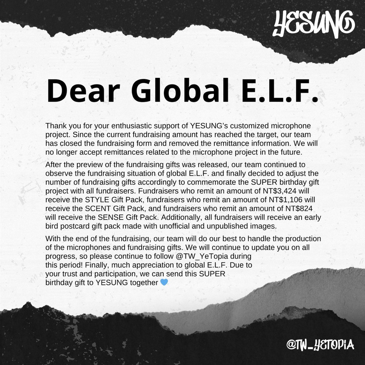 Thanks to global E.L.F., the fundraising amount has reached the target! We’ll send the gift to YESUNG in Aug. Please stay tuned for updates💙

#TW_YeTopia #HappyYesungDay #예성 #Yesung #SuperJunior <a href="/shfly3424/">Yesung</a>