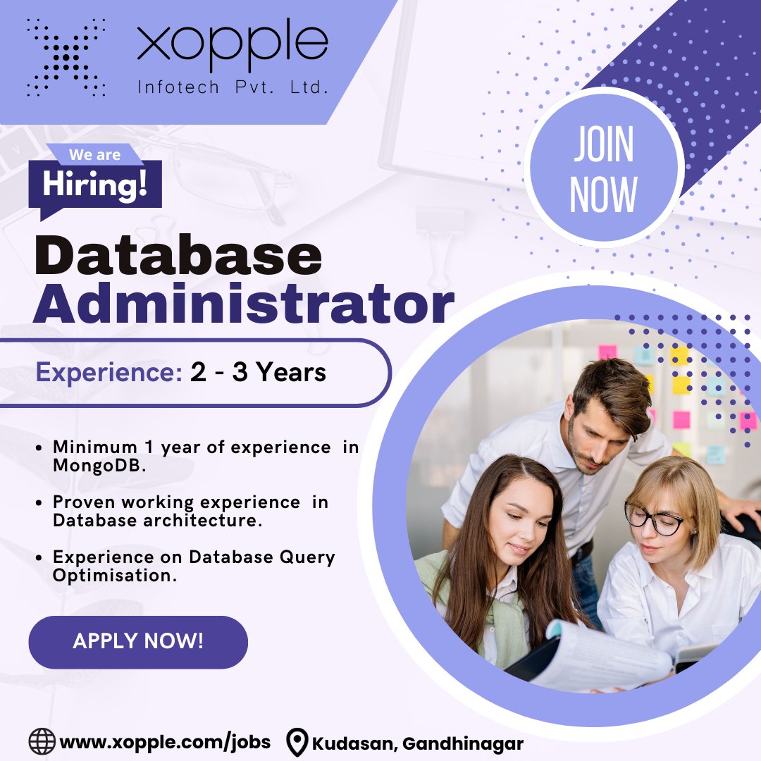 xopple_infotech's tweet photo. 💥 We're #hiring for #database #administrator💥
Apply: https://t.co/xkgNk1MtH7
Exp: 2-3 years
✅ KNWL of #MongoDB, #databackup , recovery, security & integrity
✅Install, Deploy & Manage MongoDB on Physical, Virtual, #AWSEC2 instances.
#5daysworking #lunchfromoffice #mediclaim https://t.co/F5Tvm4FXui