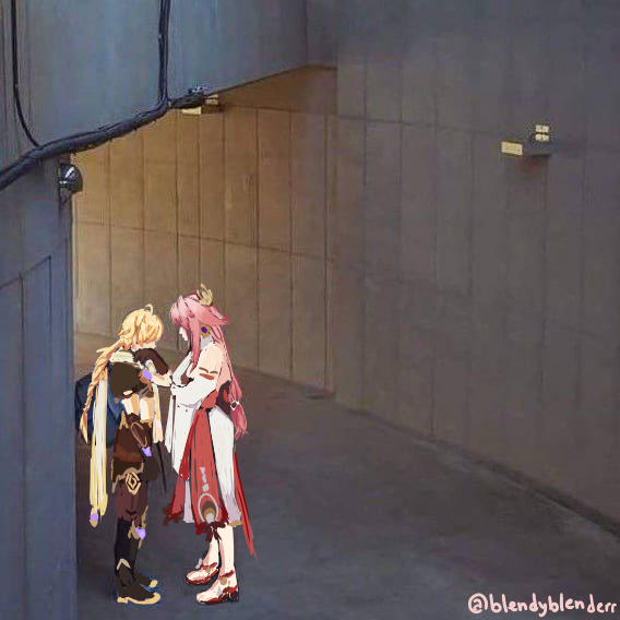 Yaethernity's tweet image. Aether and his tall kitsune shrine maiden girlfriend. 

By: blendyblenderr

#Yaether #YaeMiko