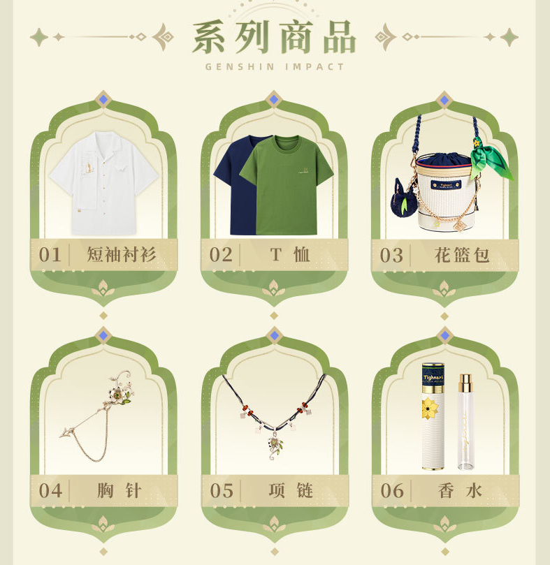 GenshinUpdate's tweet photo. Details for each characters: T-shirts, short-sleeved shirts, bags, accessories, and perfume travel gift boxes.
#GenshinImpact #原神 #원신 https://t.co/Lh0wJ3u1yQ
