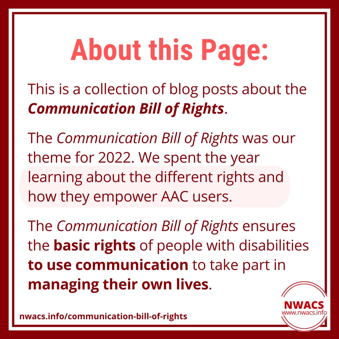 Familiar with the Communication Bill of Rights? 
We spent a year learning about the rights and how they empower AAC users. And we have 20 blog posts as a result!

Explore the collection here: nwacs.info/communication-…

#CommunicationBillOfRights #AAC #NWACS #NWACSwebsite #AugComm