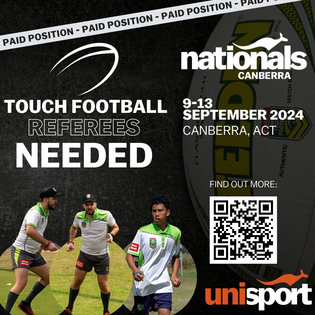 Calling all Touch Football Referees! 🏉📢
  
Join a dynamic team of referees and step onto the field to officiate thrilling matches while enjoying national recognition and competitive rates, based on your experience 🏅
 
Expressions of Interest now open | bit.ly/4amW1pf
