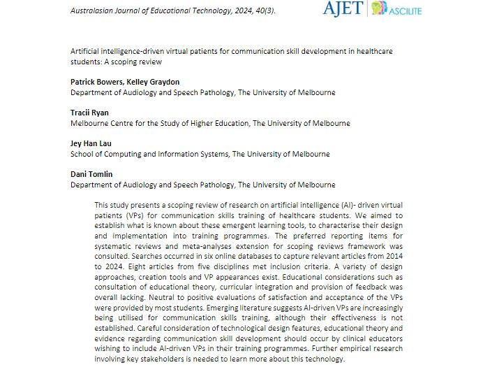 Patrick Bowers (@patrickbowersau) on Twitter photo Want to learn more about communication focused #AI-driven virtual patients? Read our new scoping review in <a href="/AJET_eds/">AJET</a>, the first publication from my PhD! <a href="/KelleyGraydon/">Dr Kelley G</a> <a href="/TraciiRyan/">Tracii Ryan</a> JeyHanLau <a href="/dani_tomlin/">Dani Tomlin</a> <a href="/UniMelbMDHS/">UniMelb MDHS</a>
doi.org/10.14742/ajet.… Want to learn more about communication focused #AI-driven virtual patients? Read our new scoping review in <a href="/AJET_eds/">AJET</a>, the first publication from my PhD! <a href="/KelleyGraydon/">Dr Kelley G</a> <a href="/TraciiRyan/">Tracii Ryan</a> JeyHanLau <a href="/dani_tomlin/">Dani Tomlin</a> <a href="/UniMelbMDHS/">UniMelb MDHS</a>
doi.org/10.14742/ajet.…