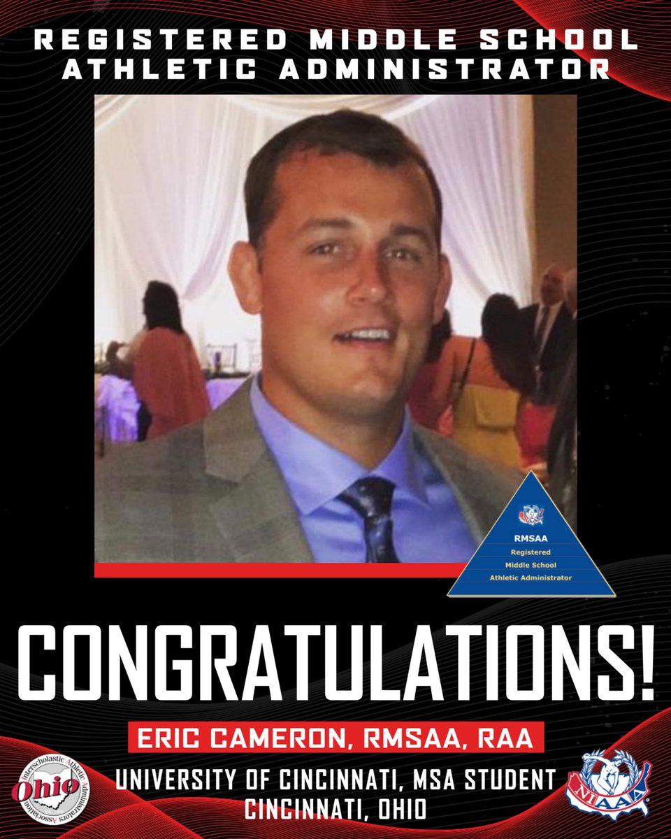 Congratulations to Eric Cameron on receiving the Registered Middle School Athletic Administrator (RMSAA) certification from the NIAAA! Your expertise and dedication are shaping the future of middle school athletics. <a href="/UC_SPAD/">UC SPAD Program</a> <a href="/DrKelleyUC/">Dr. Dave Kelley-UC; CMAA</a>