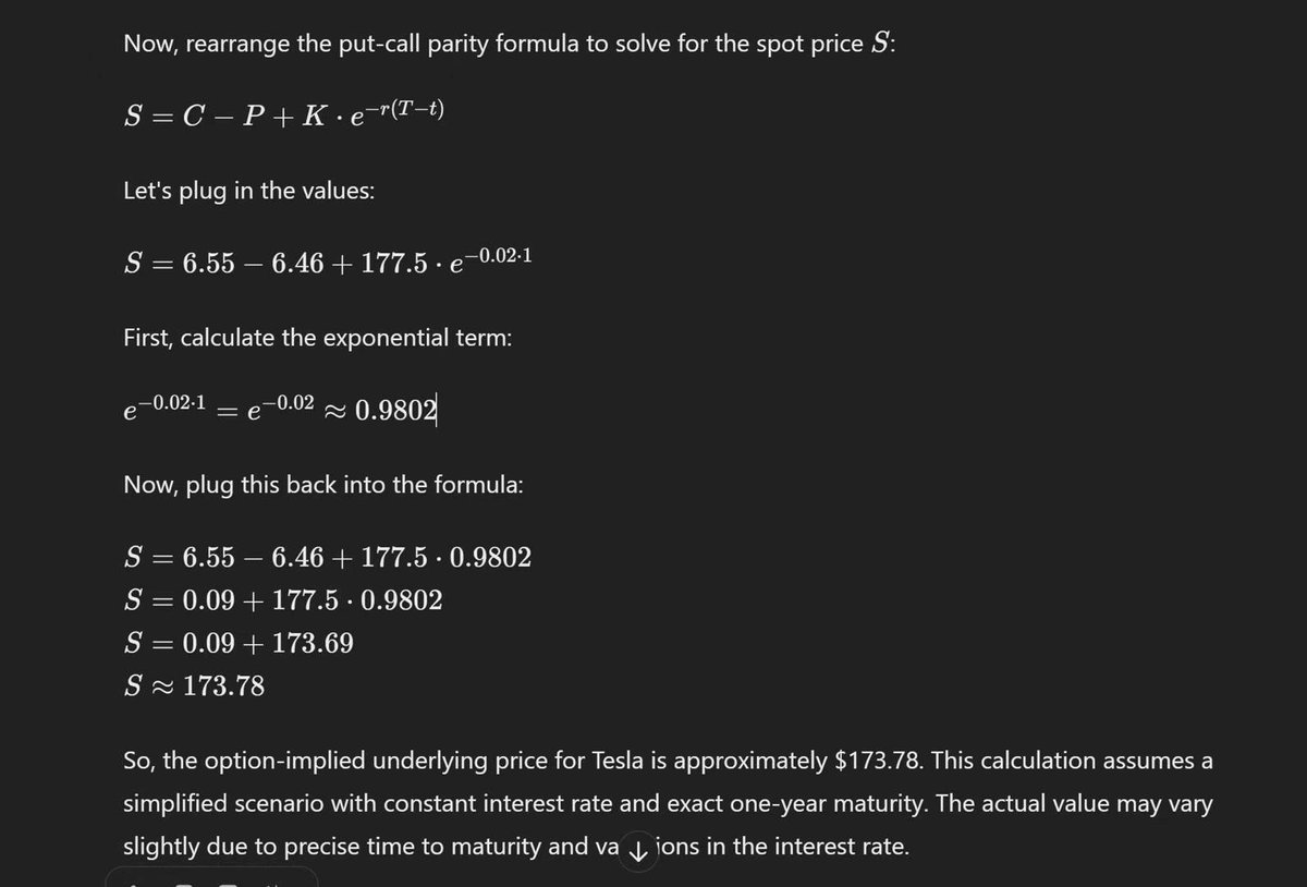 昨天团队让ChatGPT根据期权PCP公式去算特斯拉股价，算出来是173.78，我也没当回事，就当个笑话过去了，没想到今天特斯拉股价 真的收在了173.79，仅差了0.01，天啦噜😂😂🥹🥹