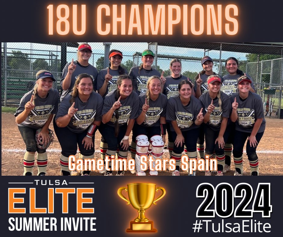 18U CHAMPIONS! 🏆

GameTime Stars Spain

𝗦𝗖𝗛𝗘𝗗𝗨𝗟𝗘 bit.ly/24JuneSched

#TulsaElite Powered by <a href="/TopGunEvents/">Top Gun Events</a> <a href="/tagupSoftball/">tagup</a>