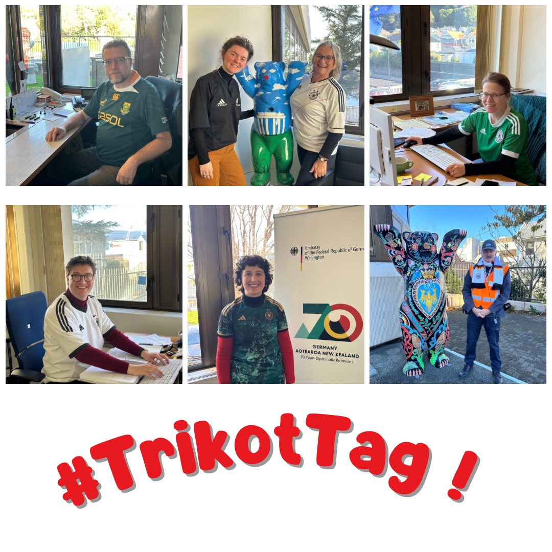 Today is #TrikotTag for the second year in a row! 🎽⚽️🏉🏅 Here at the Embassy we’re standing proud in our sports jerseys to promote club sport in Germany and around the world. 

Especially with #EURO2024 coming up later this week, we’re pumped for everyone to get involved 👏🇩🇪