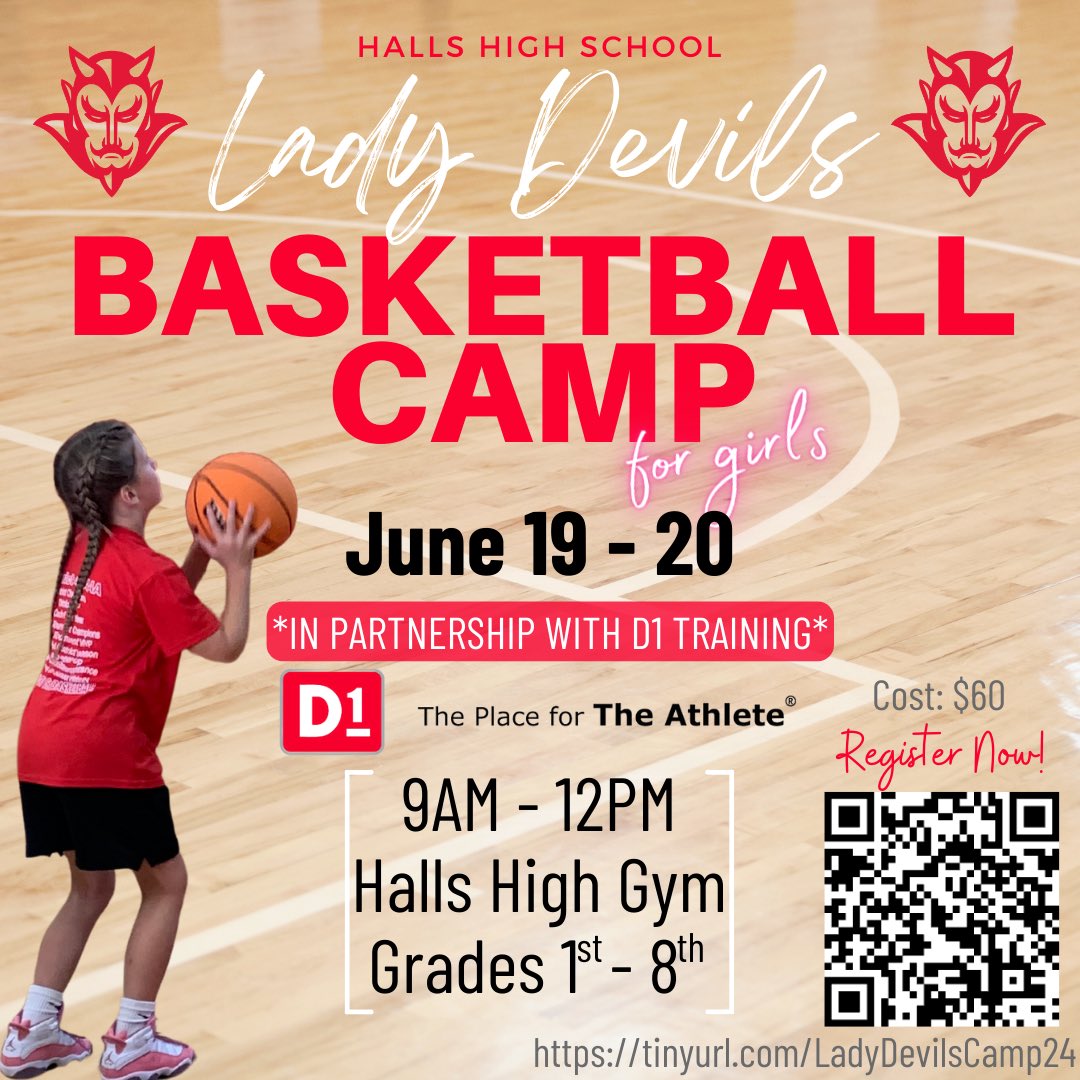 *D1 Trainers will be performing speed and agility training for the camp! 

*Several current and former women’s college basketball players will be leading our skills and drills stations!

🏀Register now and pay online!🏀

tinyurl.com/LadyDevilsCamp…

Or use:
hallshighschool.memberhub.com/store/items/87…