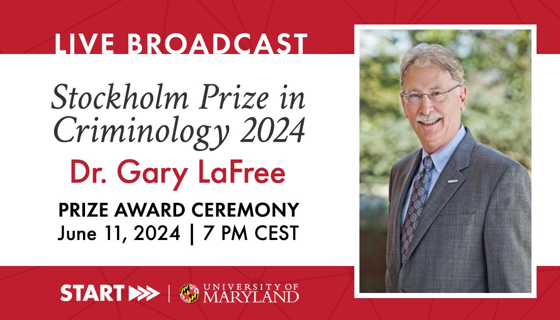 Congratulations to Dr. Gary LaFree on winning the Stockholm Prize in #Criminology 2024! H.M. Queen Silvia will present the award at tonight's ceremony.
Watch the live broadcast at 7 pm CEST (1 pm ET): go.umd.edu/1ouo 

#Criminology #StockholmPrize #sthlmcrimsymposium
