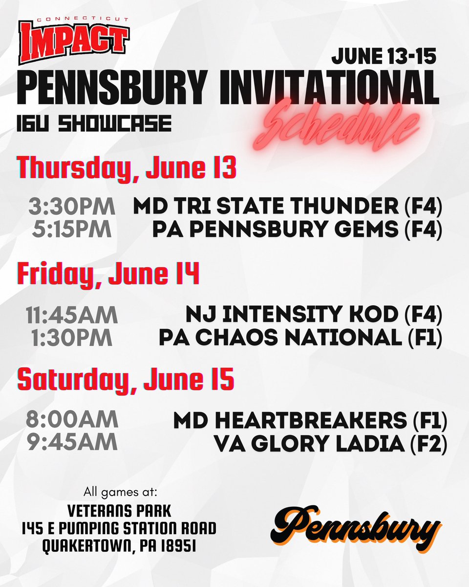 Hannah Murray 2025 (@hmurray_11) on Twitter photo Can’t wait to get after it with <a href="/CTImpactRegAL/">CT Impact 16u/18u Showcase</a> at Pennsbury this weekend! Come check us out!
<a href="/CTImpactSB/">Connecticut Impact Softball Club 2025</a> <a href="/NateWilda/">Nate Wilda</a>
👇👇Schedule 👇👇 Can’t wait to get after it with <a href="/CTImpactRegAL/">CT Impact 16u/18u Showcase</a> at Pennsbury this weekend! Come check us out!
<a href="/CTImpactSB/">Connecticut Impact Softball Club 2025</a> <a href="/NateWilda/">Nate Wilda</a>
👇👇Schedule 👇👇