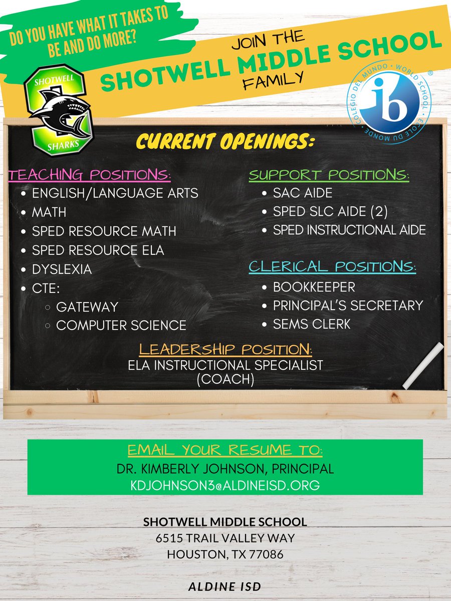 Come join the Shotwell family! Apply today! <a href="/ShotwellMS_AISD/">Shotwell Middle School - Aldine ISD</a>