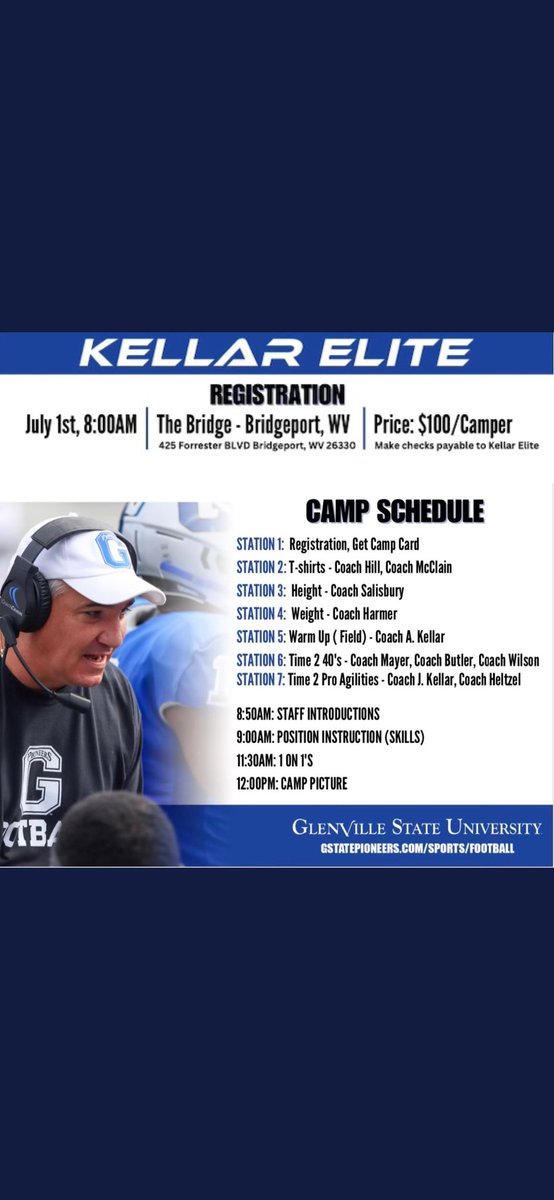 Great opportunity!! <a href="/Coach_BMcClain/">Coach Bob McClain</a> <a href="/Coach_Harmer/">Jeremy  Harmer</a> will be working with the OL. <a href="/CoachSalsCalU/">Chad Salisbury</a> <a href="/CoachJKellar/">Jarrod Kellar</a> <a href="/tdheltzel10/">Tim Heltzel</a> and <a href="/coach_kellar/">Mike Kellar</a> will be working with QB's @CoachWilsonIUP <a href="/JavonButler14/">Javon Butler</a> <a href="/Coach_Mayer/">JJ Mayer</a> <a href="/Anthony_kellar7/">Anthony Kellar</a> <a href="/CoachBrianHill/">CoachBrianHill</a> will be working with O skill players.