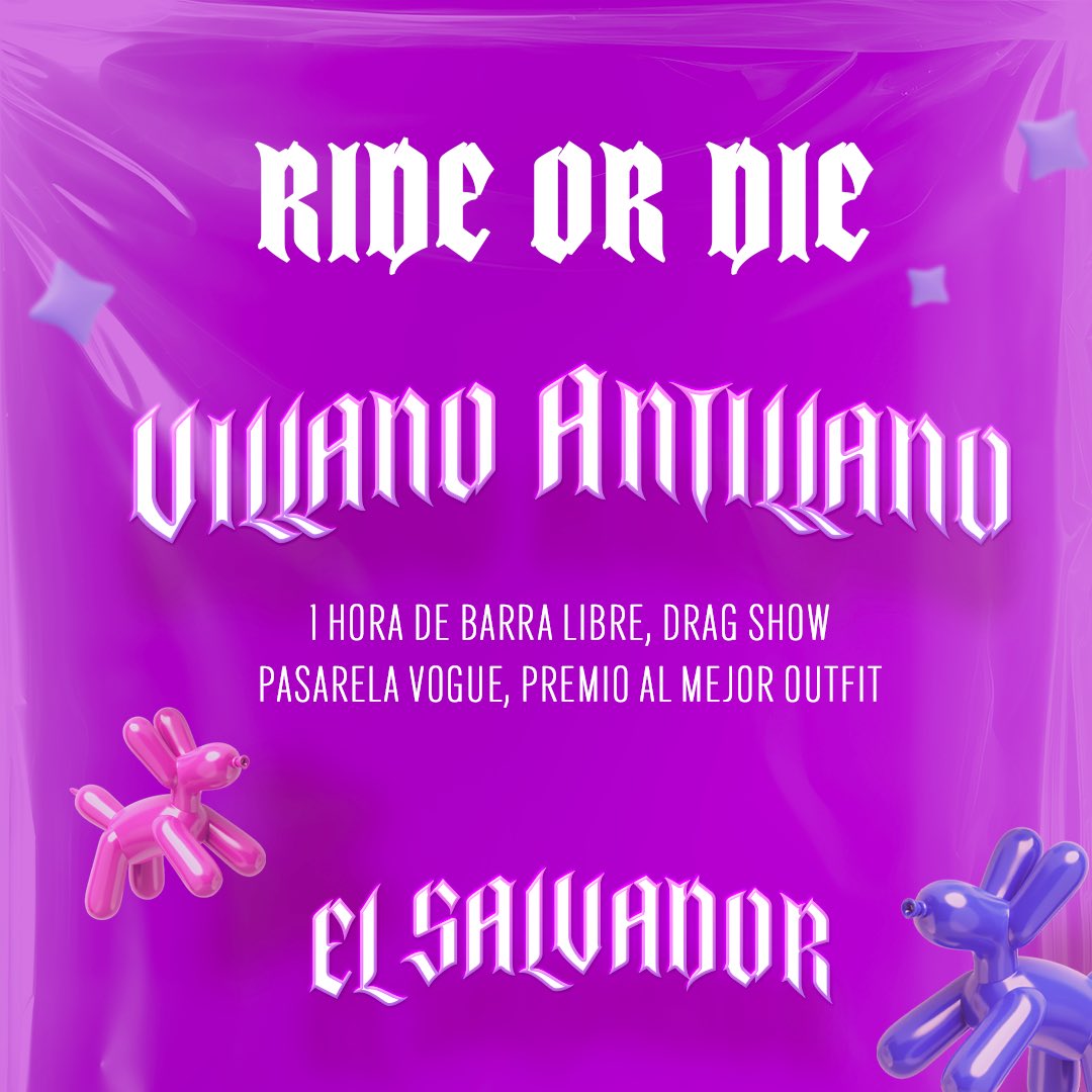 Villano Antillano por primera vez en El Salvador 🇸🇻💜💖

🩷🩷 RIDE OR DIE 🩷🩷 1 hora de barra libre, drag show, pasarela vogue, premio al mejor outfit ⚡️

Early bird $55.00*
General $65.00

Hasta agotar existencias*

villanoantillano.funcapital.com