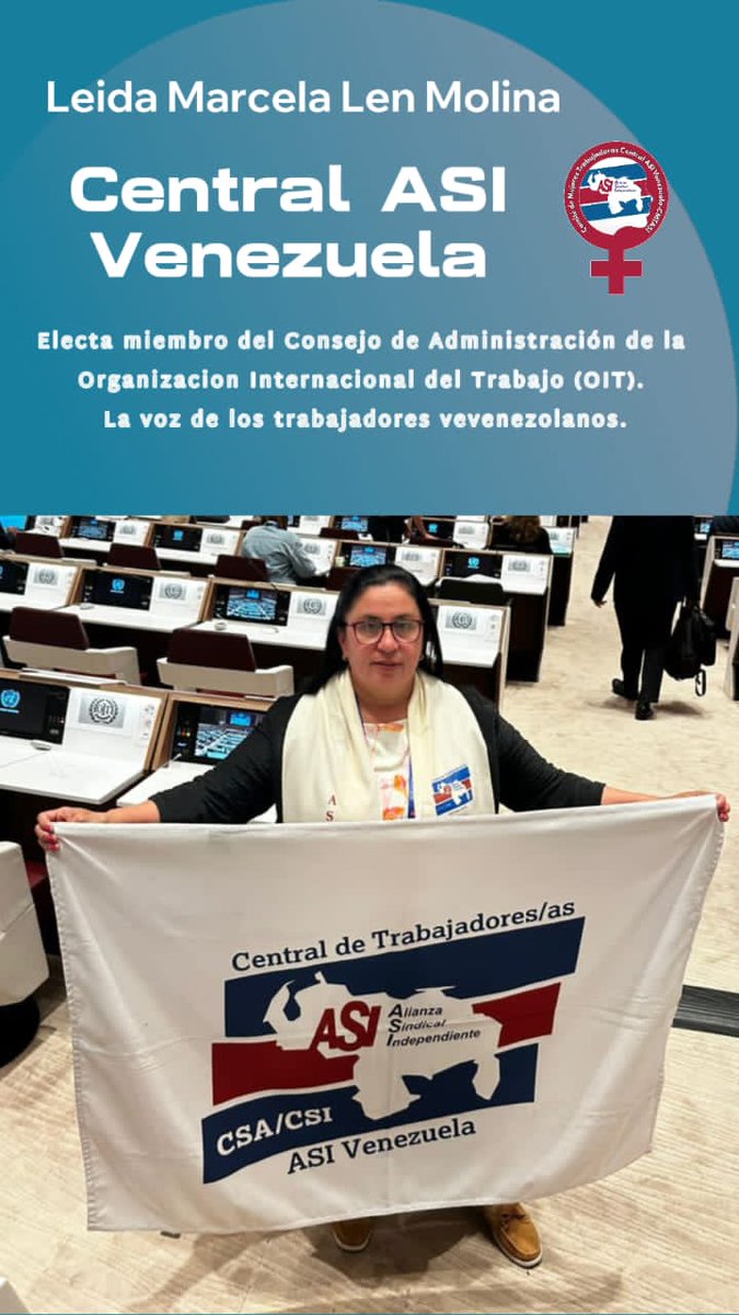 ¡Orgullosa de nuestra Leida Marcela León!Presidente ASI VENEZUELA,Electa miembro al Consejo de Administracion de la OIT ¡Un logro histórico para las mujeres trabajadoras del país !Su voz será fundamental para defender los derechos d los trabajadores #CIT2024 #OIT <a href="/ituc/">ITUC</a> <a href="/CSA_TUCA/">CSA-TUCA</a>