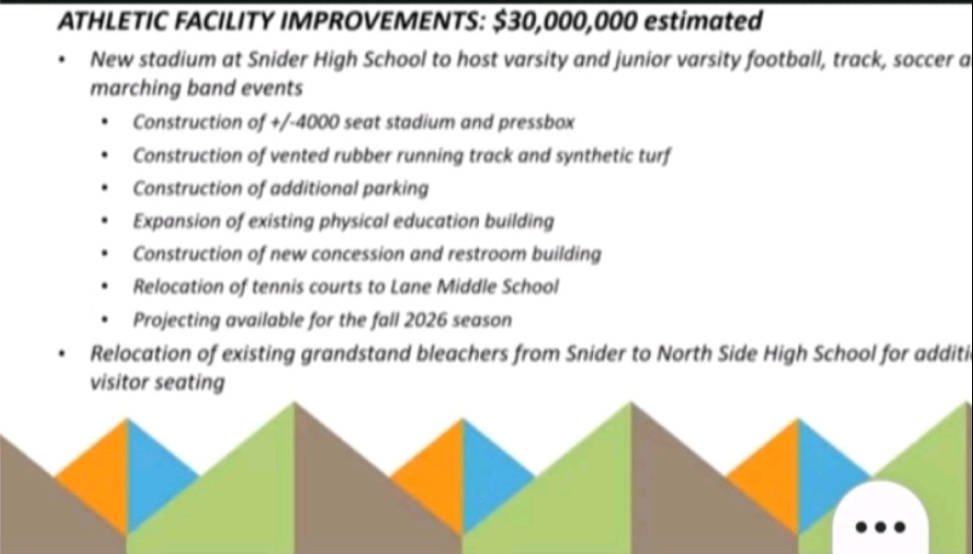 GlennMariniWANE's tweet photo. Will Snider football get its own football stadium? A $30 million dollar athletic improvement project (w/ football stadium as centerpiece) was proposed tonight at FWCS board meeting. Much still to be determined. @SniderFB @SniderAthletics https://t.co/pbb34cwwCN
