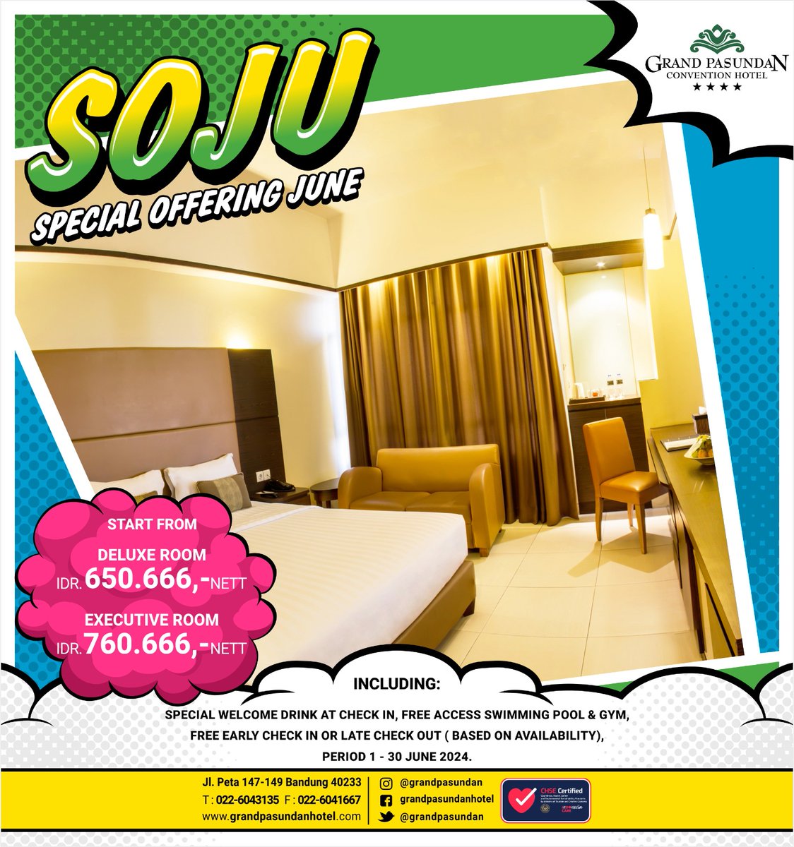 Liburan seru dibulan Juni hanya di Grand Pasundan Convention Hotel Bandung...

Fasilitas terlengkap loh...
1. Parkir kendaraan sangat luas.
2. Kolam renang yang sangat luas.
3. Fitness Center dan Gym.
4. Karaoke.

Start Froom
Rp 650.666,- nett