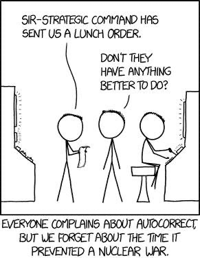 kimkomando's tweet photo. 😅🌍 Ever complain about autocorrect? What if it once prevented a nuclear war? Next time it swaps 'lunch' with 'launch', remember, it might just be keeping us safe! #TechnologyWins #AutocorrectFails https://t.co/GcQaYDbsSm