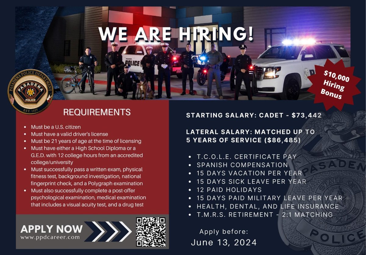 You still have time to sign up for our Civil Service Test! The last day is THIS THUSDAY, June 13th! 

For any questions or assistance, call our Police Academy staff at (713)475-4824.