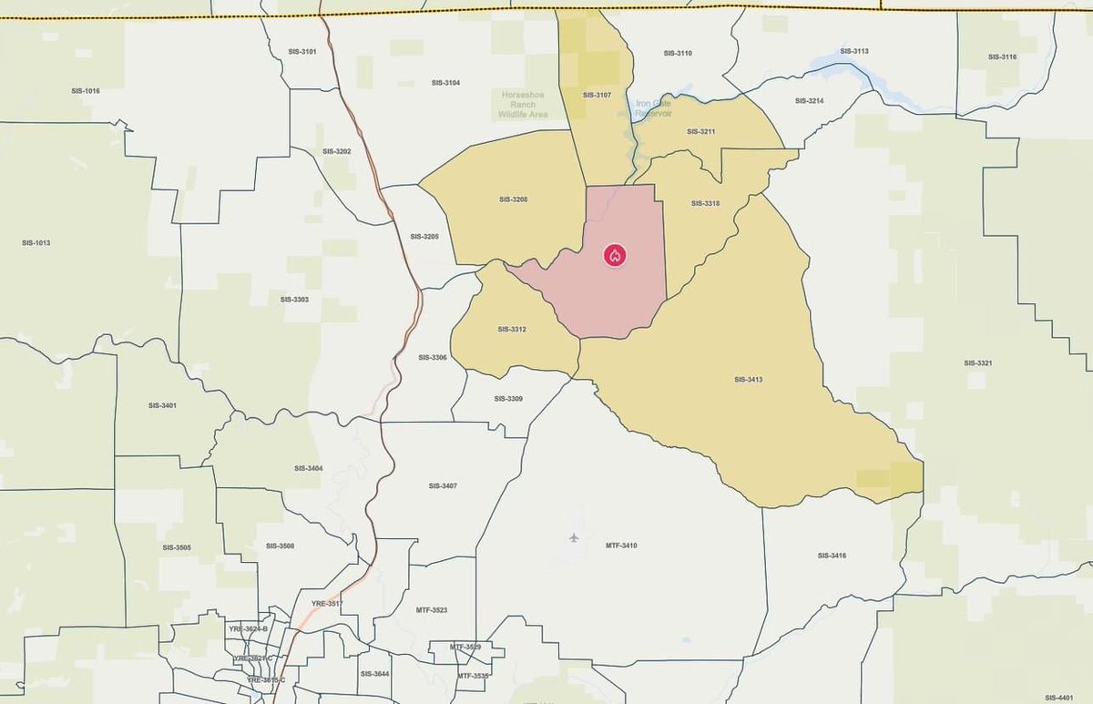 🚨 COD FIRE EVACUATIONS🚨 
Due to the #CODFIRE SC Sheriff’s office is issuing an 𝙀𝙑𝘼𝘾𝙐𝘼𝙏𝙄𝙊𝙉 𝙊𝙍𝘿𝙀𝙍 for the following zone(s): Zone SIS- 3315

The following Zone(s) are under an EVACUATION WARNING:
Zones SIS -3208, 3107, 3211, 3318, 3413, 3312

<a href="/CALFIRESKU/">CAL FIRE SKU</a>