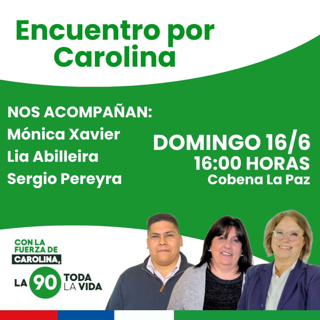 ENCUENTRO POR CAROLINA 🔴🔵⚪️

Nos encontramos el domingo 16/6 a las 16:00 horas en Cobena (La Paz).

Nos acompañan:
Mónica Xavier
Lia Abilleira
Sergio Pereyra

Con la fuerza de Carolina 💪🏽 la 90 toda la vida 💚