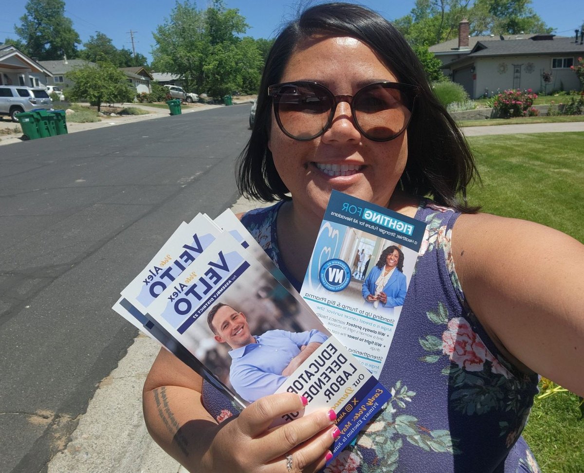 EricaMosca14's tweet photo. 70+ doors knocked today in Northern #HomeMeansNV to #GOTV for @VoteVelto &amp; @VoteAngieTaylor! Thx #TeamMosca for joining &amp; helping us knock for all @nvassemblydems incumbents/endorsed at least twice now. AND happy surprise running into @ericlejeng &amp; reminding NV to vote :) #NVLeg https://t.co/Pyv7NPCKrF