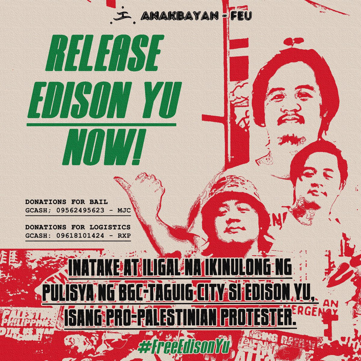 Si Edison Yu ay isa sa mga nagprotesta sa BGC noong June 8 hinggil sa henosidya na dinaranas ng mga Palestino sa kamay ng Zionistang US-Israel. Siya ay inatake at iligal na inaresto ng BGC-Taguig City Police habang kinukunan niya lamang ng retrato ang presenya ng pulis sa erya.