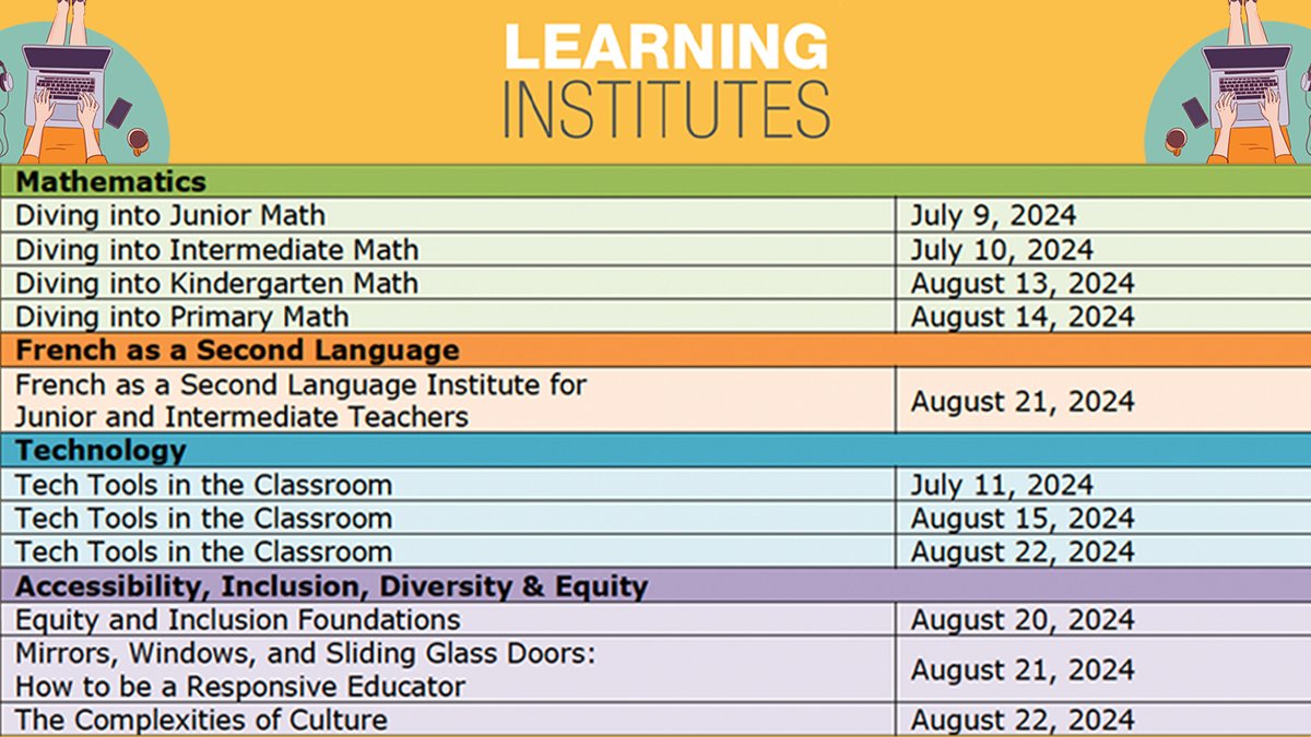 Our Summer Learning Institutes are fast approaching – check out our list of diverse topics, and their respective dates, below!

Each virtual session has been curated to provide a balance of information, resources, and support for #CatholicTeachers.🤗
catholicteachers.ca/For-Your-Class…