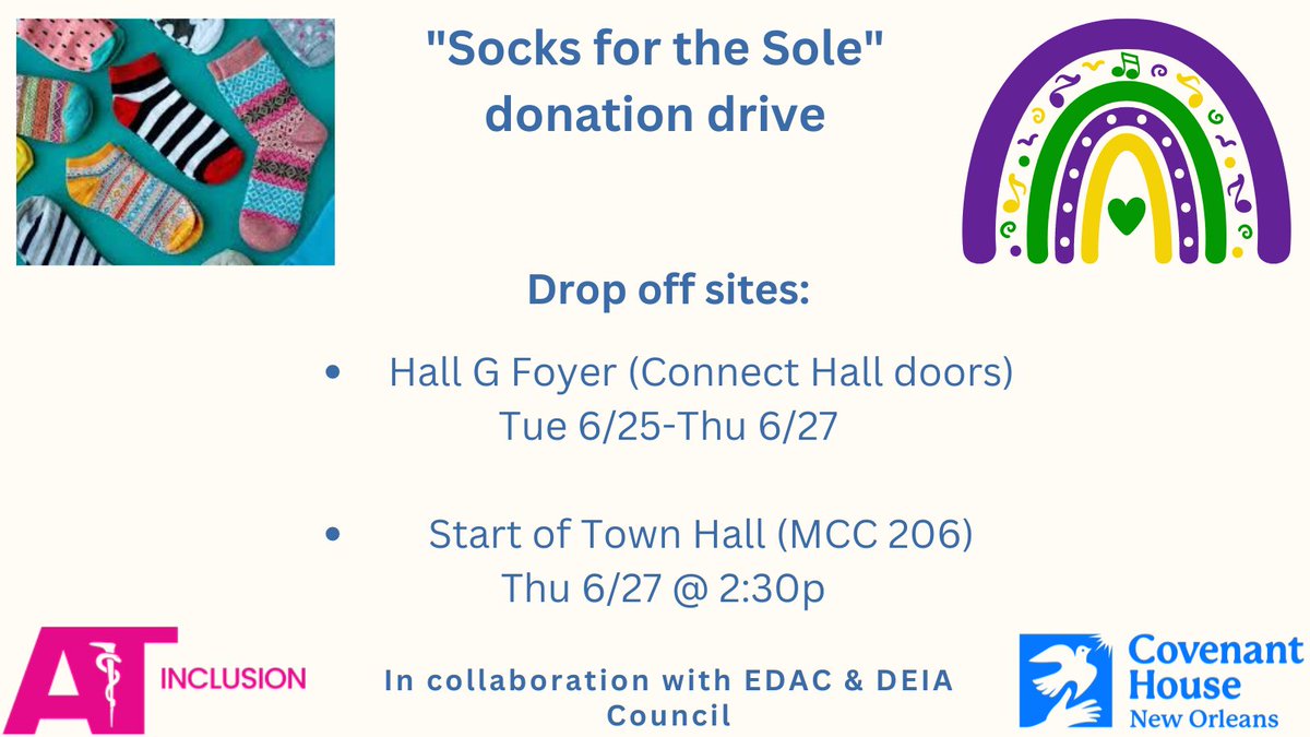 LGBTQNATA's tweet photo. 🚨Sock Drive Update!🚨
Don't forget to pack a pair of new, fun socks for our sock drive happening during convention to benefit Covenant House! Drop off sites in Hall G Foyer & then at the beginning of our town hall. #GiveAPairShowYouCare @EDACNATA @nata_cec @NATA1950 #ATTwitter https://t.co/Pysm3hQesV