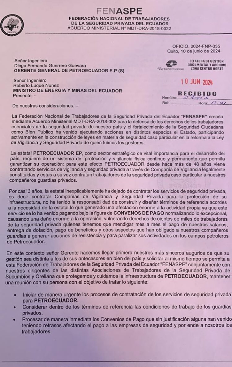 🔴🔴🔴
Solicitamos al nuevo gerente <a href="/EPPetroecuador/">EP Petroecuador 🇪🇨</a> #DiegoGuerrero, mantener un diálogo para tratar los puntos d conflicto y evitar paralizaciones 
▶️Contratos #SegPrivada 
▶️Retraso #ConveniosMarco
▶️Términos de referencia 
▶️Estabilidad #Guardias 
<a href="/RobertoLuqueN/">Roberto Luque</a>