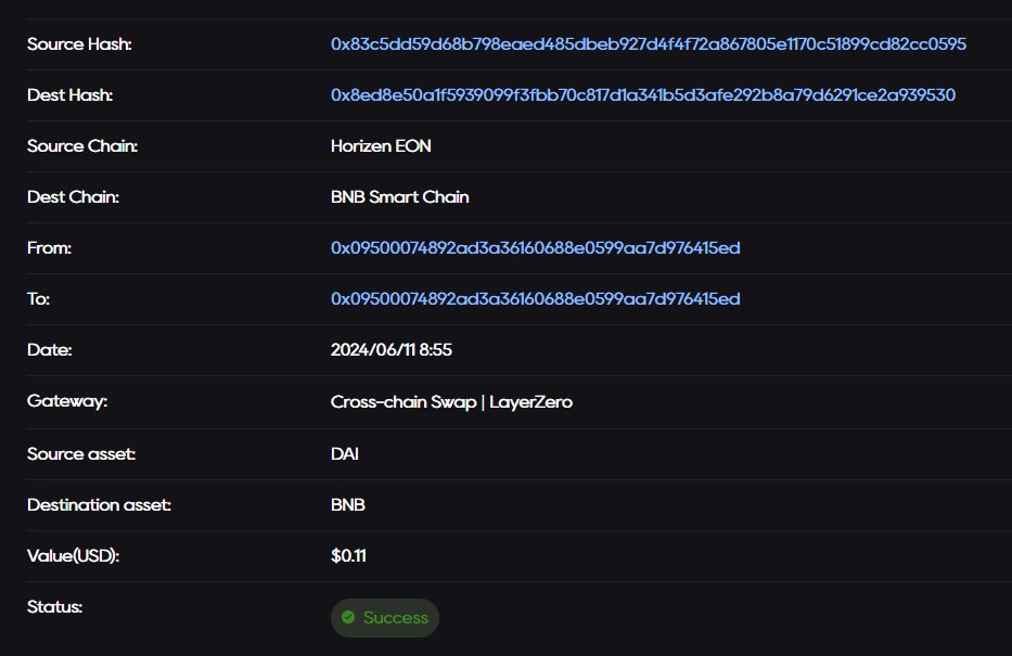 ionus12's tweet photo. I try to swap cross chain between #HorizenEON to Binance smart Chain using 
https://t.co/NP9O3pIG3a and successfully. This platform is really helpful for us to do swap in other chain. https://t.co/BXhMe4sNeD