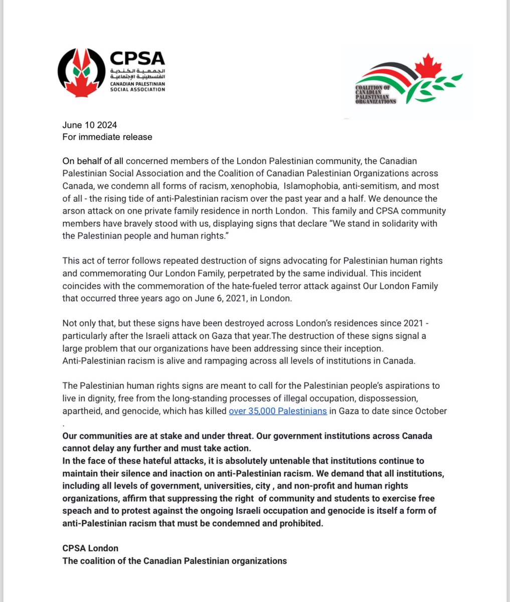 ⁦<a href="/JustinTrudeau/">Justin Trudeau</a>⁩ ⁦<a href="/melaniejoly/">Mélanie Joly</a>⁩ ⁦<a href="/ONgov/">Ontario Government</a>⁩ statement re London attack. after meeting officials and MPPs and brining this hate incident to their attention nothing was done and the terror continued to the Arsen attack. Time to acknowledge anti Palestinian racism