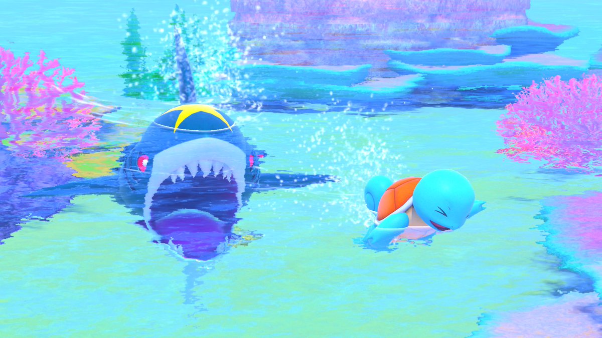 PkmnSnapBot's tweet image. BIG SWIMMY! BIG SWIMMY! #Squirtle #Sharpedo #NewPokemonSnap #NintendoSwitch