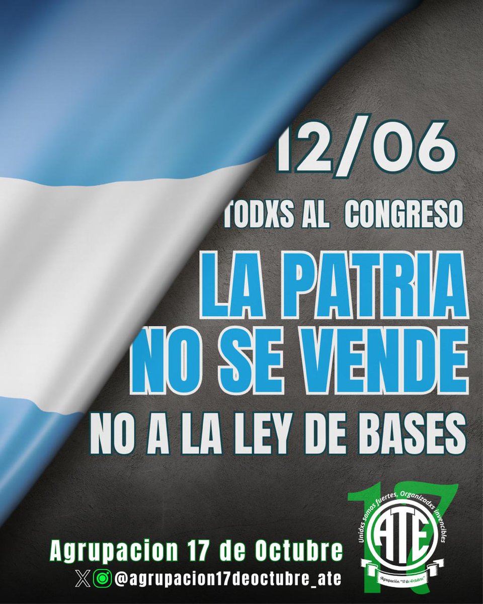 🇦🇷𝗧𝗢𝗗𝗫𝗦 𝗔 𝗟𝗔𝗦 𝗖𝗔𝗟𝗟𝗘𝗦 🇦🇷
𝗧𝗢𝗗𝗫𝗦 𝗔𝗟 𝗖𝗢𝗡𝗚𝗥𝗘𝗦𝗢
Patria Si🇦🇷
Ley Base NO🚫
Este miércoles 12 de Junio copamos las calles del Congreso de la Nación contra la ley base.
La historia del pueblo se defiende en las calles💪
#NoALaLeyBase
#CongresoDeLaNacion